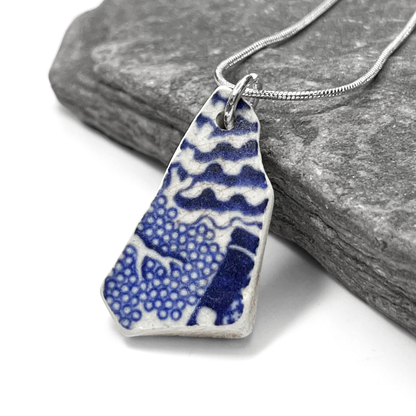 Sea Pottery Pendant - Antique Beach China - Willow Pattern Tree Necklace
