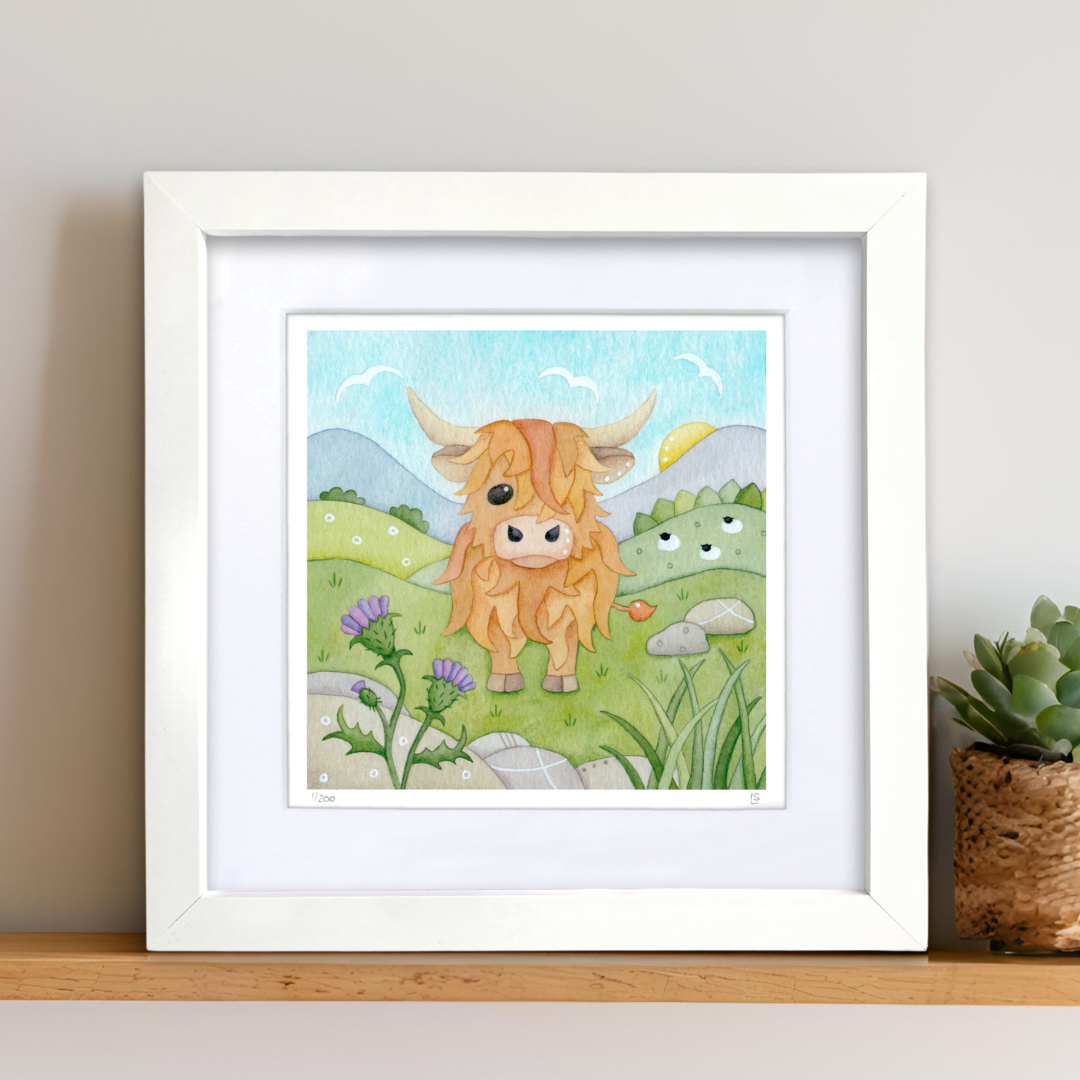 Framed Print - Highland Cow and Thistle - Scottish Highlands Watercolour Painting