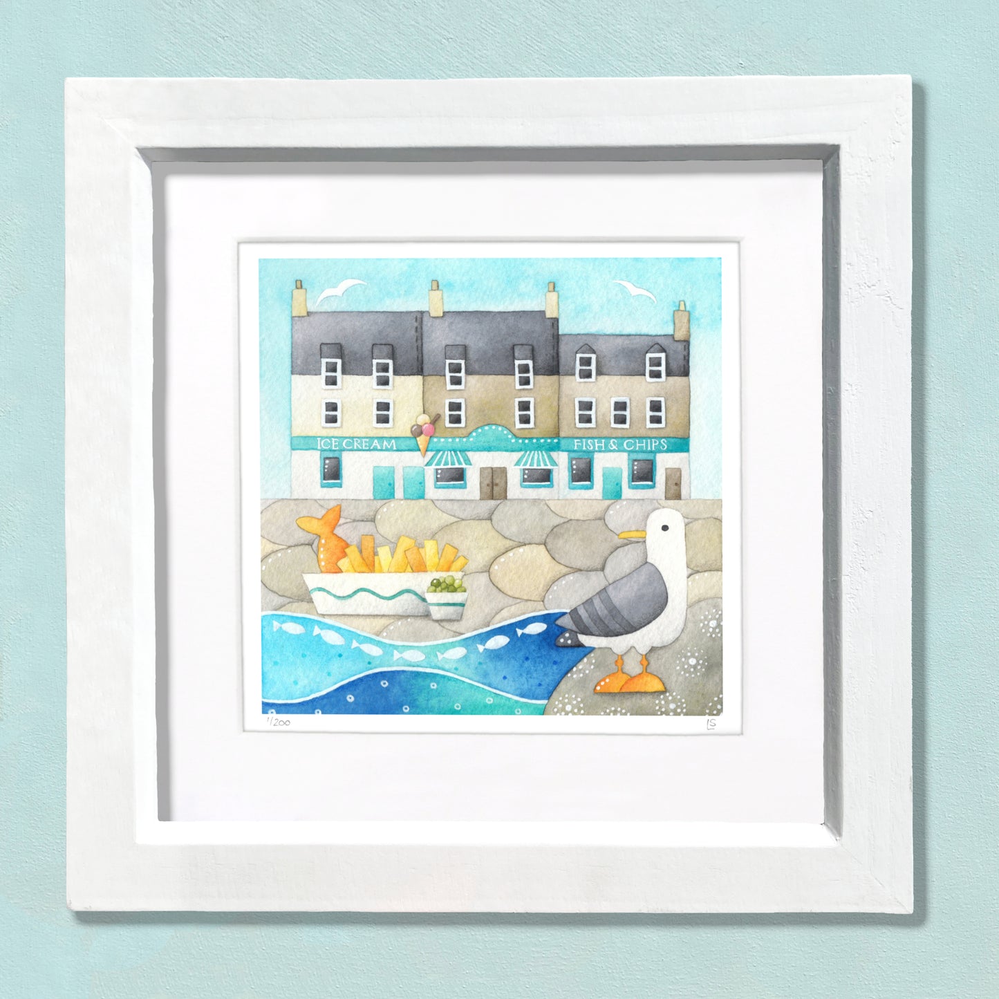 Original Watercolour Painting - Tiny Fish and Chips - Framed, Mounted and Signed