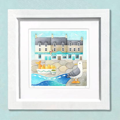 Original Watercolour Painting - Tiny Fish and Chips - Framed, Mounted and Signed