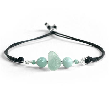 Sea Glass Bracelet - Aqua Green - Black Cord and Amazonite Crystal