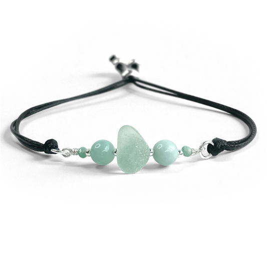 Sea Glass Bracelet - Aqua Green - Black Cord and Amazonite Crystal