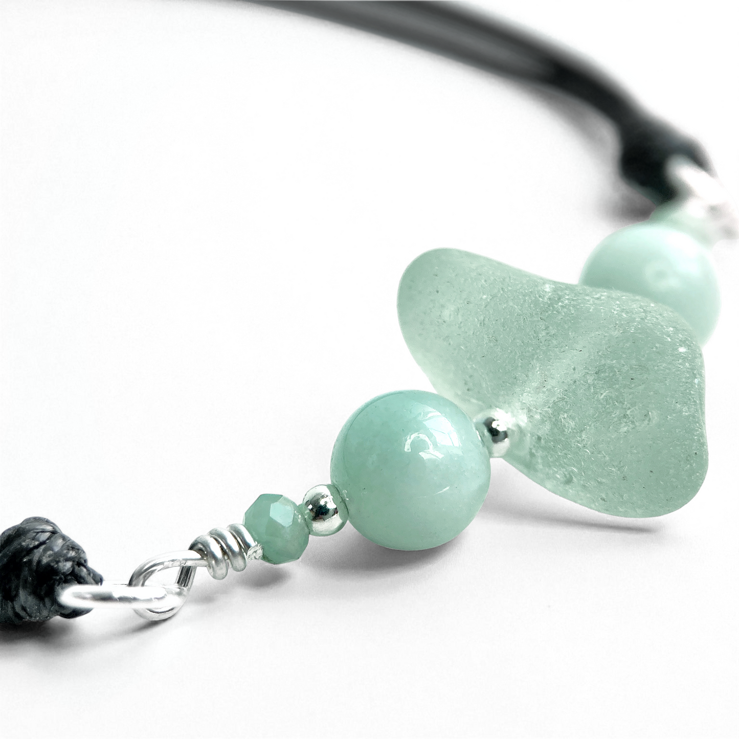 Sea Glass Bracelet - Aqua Green - Black Cord and Amazonite Crystal