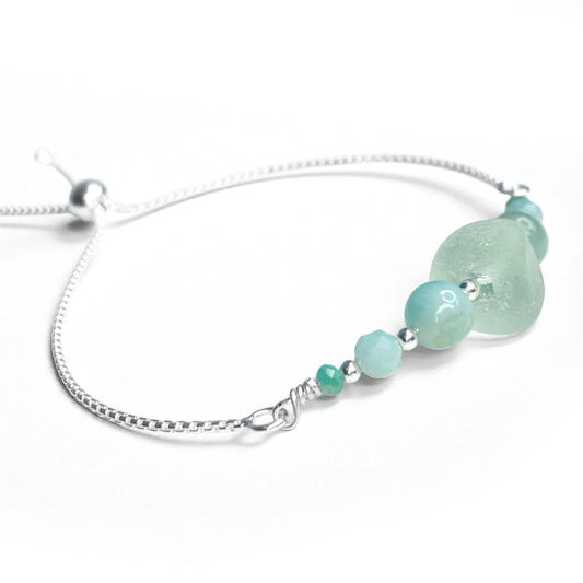 Sea Glass Bracelet - Aqua Green - Silver and Amazonite Crystal