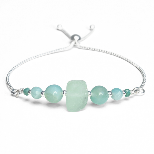 Sea Glass Bracelet - Aqua Green - Silver and Amazonite Crystal