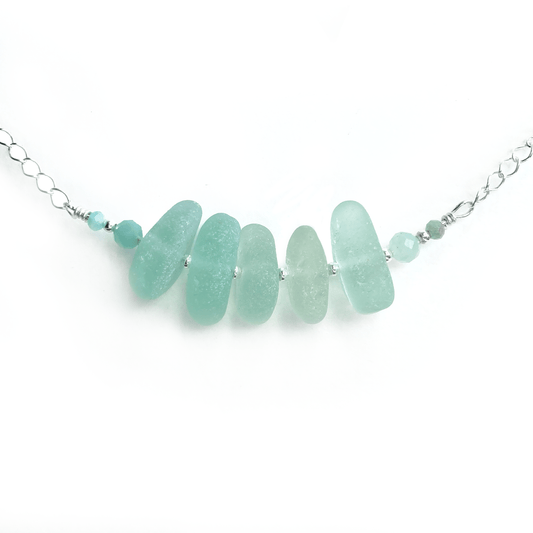 Aqua Green Sea Glass Necklace with Amazonite Crystal Beads - Sterling Silver Scottish Jewellery - East Neuk Beach Crafts
