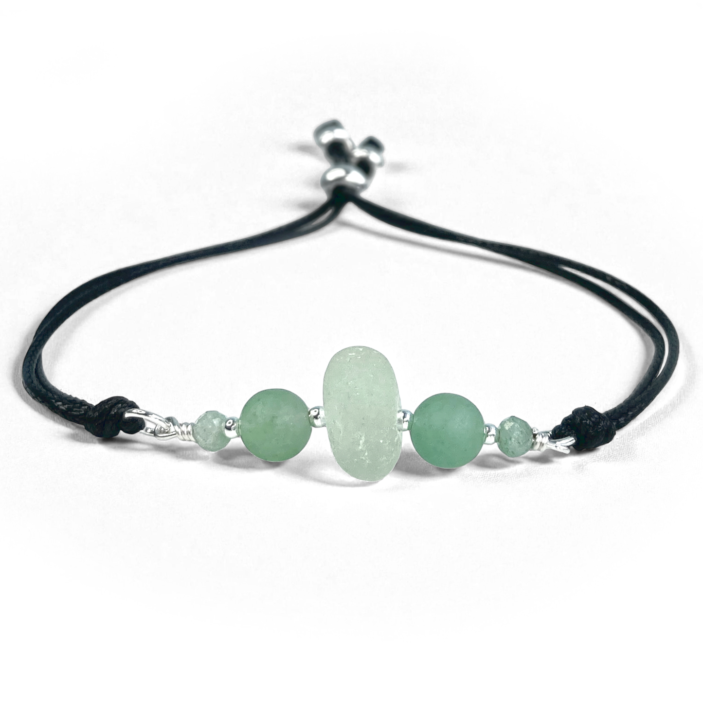 Sea Glass Bracelet - Aqua Green - Black Cord and Aventurine Crystal