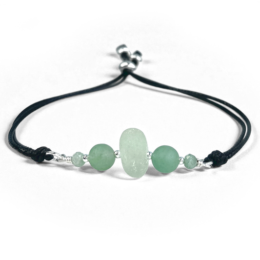 Sea Glass Bracelet - Aqua Green - Black Cord and Aventurine Crystal