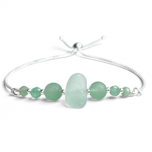 Sea Glass Bracelet - Aqua Green - Silver and Aventurine Crystal