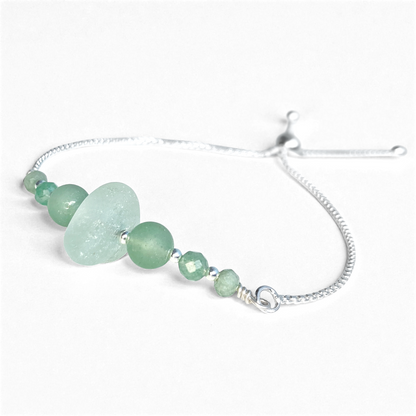 Sea Glass Bracelet - Aqua Green - Silver and Aventurine Crystal