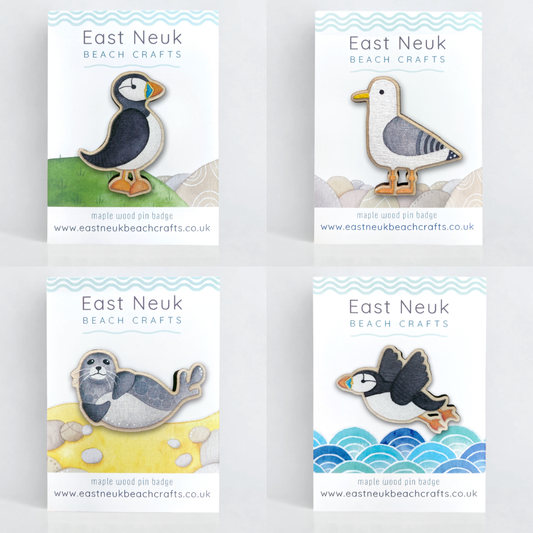 Wooden Pin Badge Set x4 - Puffins - Seal - Seagull - Brooches - Save £3