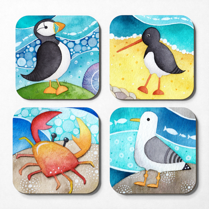 Seaside Coaster Set x4 - Puffin, Seagull, Oystercatcher, Crab - Save £2