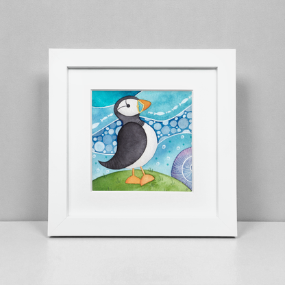 Puffin Framed Print - Seaside Watercolour Painting