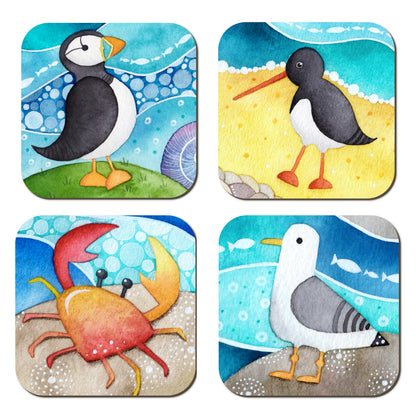Coaster Set x 4 - Cute Seaside Animals - Puffin, Seagull, Crab, Oystercatcher - Save £2