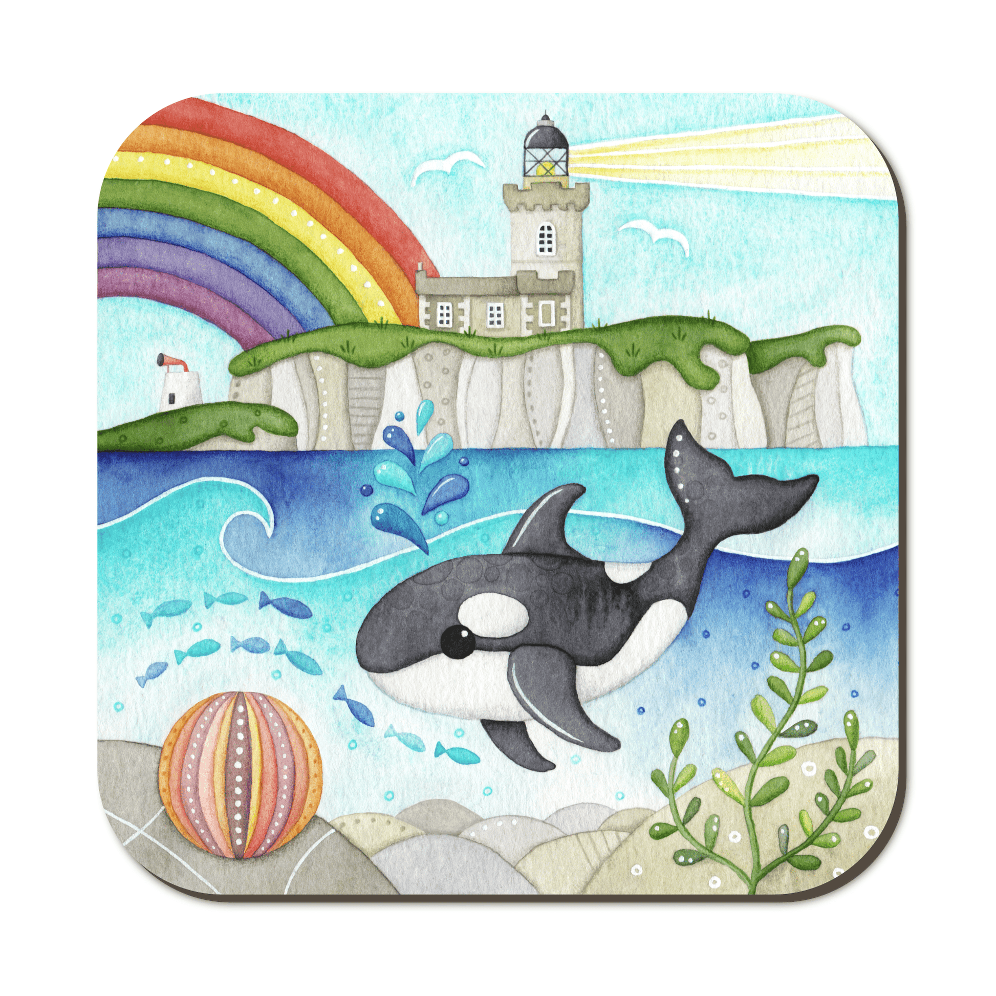 Coaster - Orca Whale and Lighthouse - Seaside Watercolours, Isle of May - East Neuk Beach Crafts