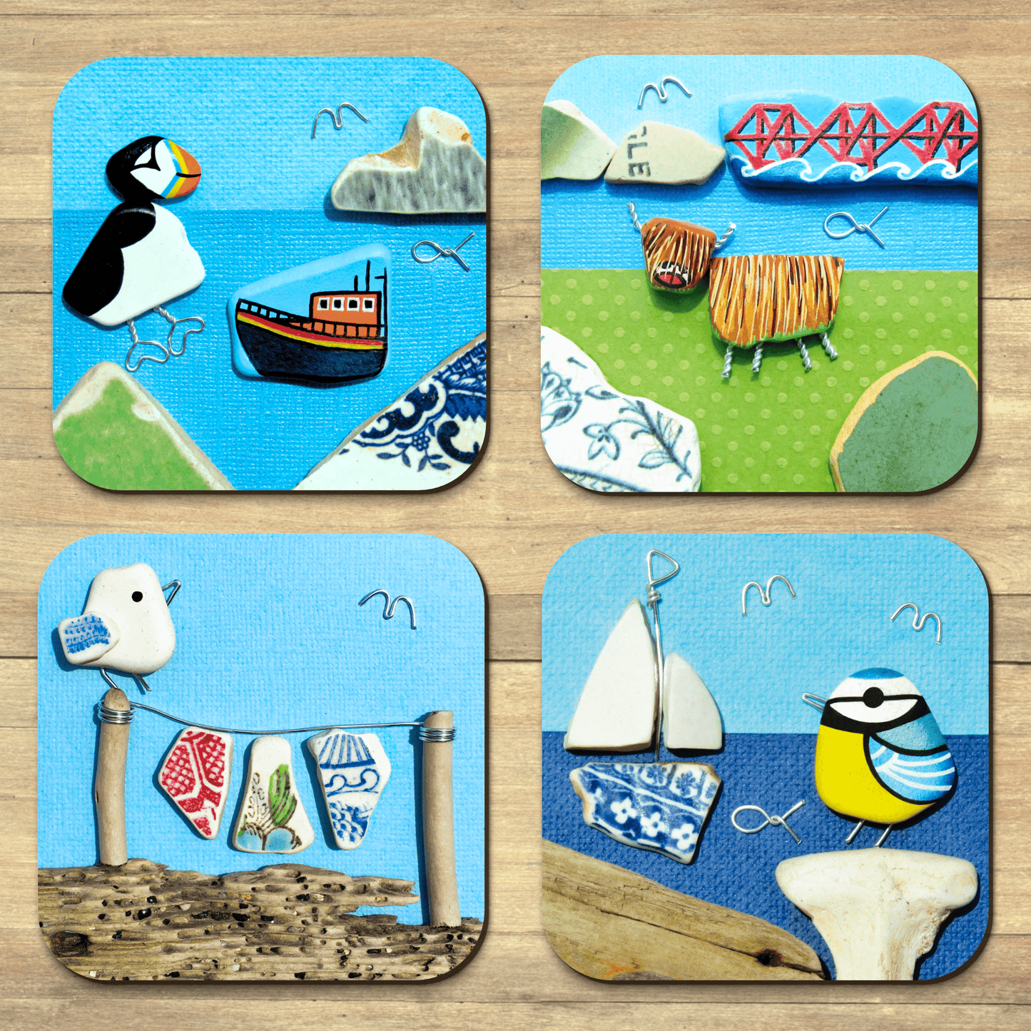Coaster Set x 4 - Beach Pebble Art - Puffins, Seagulls, Blue Tits, Highland Cows - East Neuk Beach Crafts