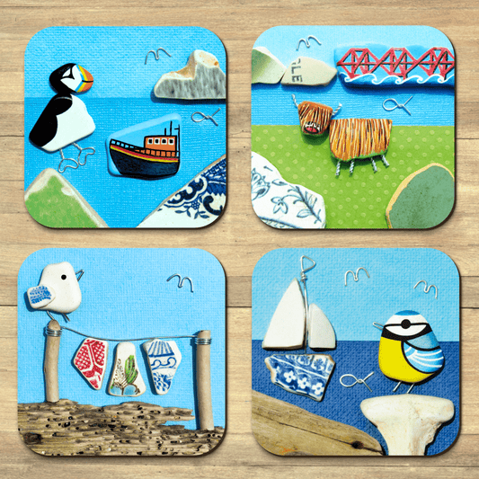Coaster Set x 4 - Beach Pebble Art - Puffins, Seagulls, Blue Tits, Highland Cows - East Neuk Beach Crafts