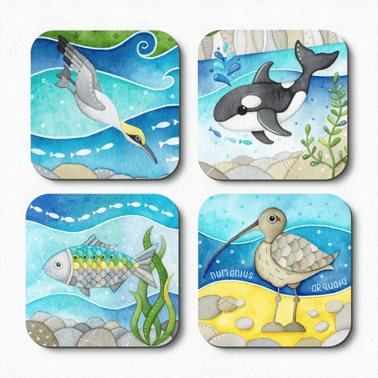 Coaster Set x 4 - Cute Seaside Animals - Orca Whale, Gannet, Curlew, Fish - Save £2 - East Neuk Beach Crafts