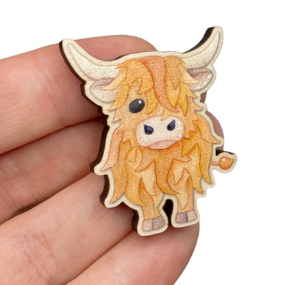Wooden Pin Badge - Highland Cow - Maple Wood Brooch