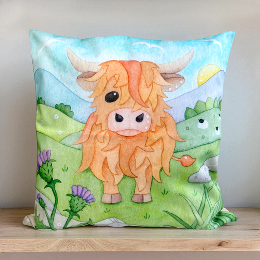 Cushion Cover - Highland Cow and Thistle - Scottish Watercolours