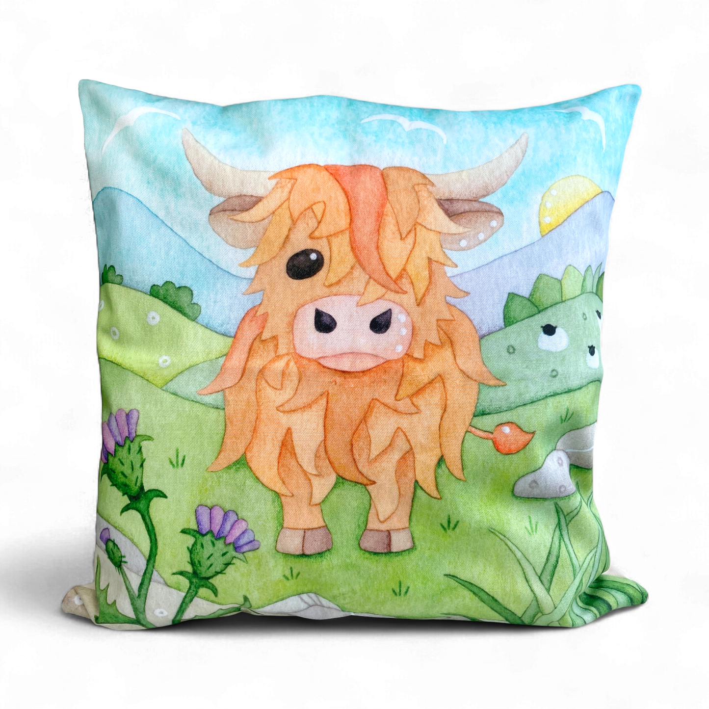 Cushion Cover - Highland Cow and Thistle - Scottish Watercolours
