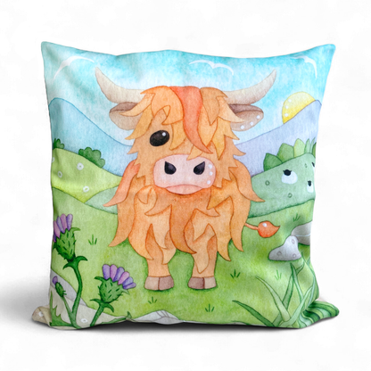 Cushion Cover - Highland Cow and Thistle - Scottish Watercolours