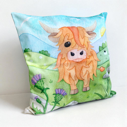 Cushion Cover - Highland Cow and Thistle - Scottish Watercolours