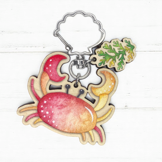 Wooden Keyring - Crab and Seaweed - Maple Wood Key Chain with Shell Clasp