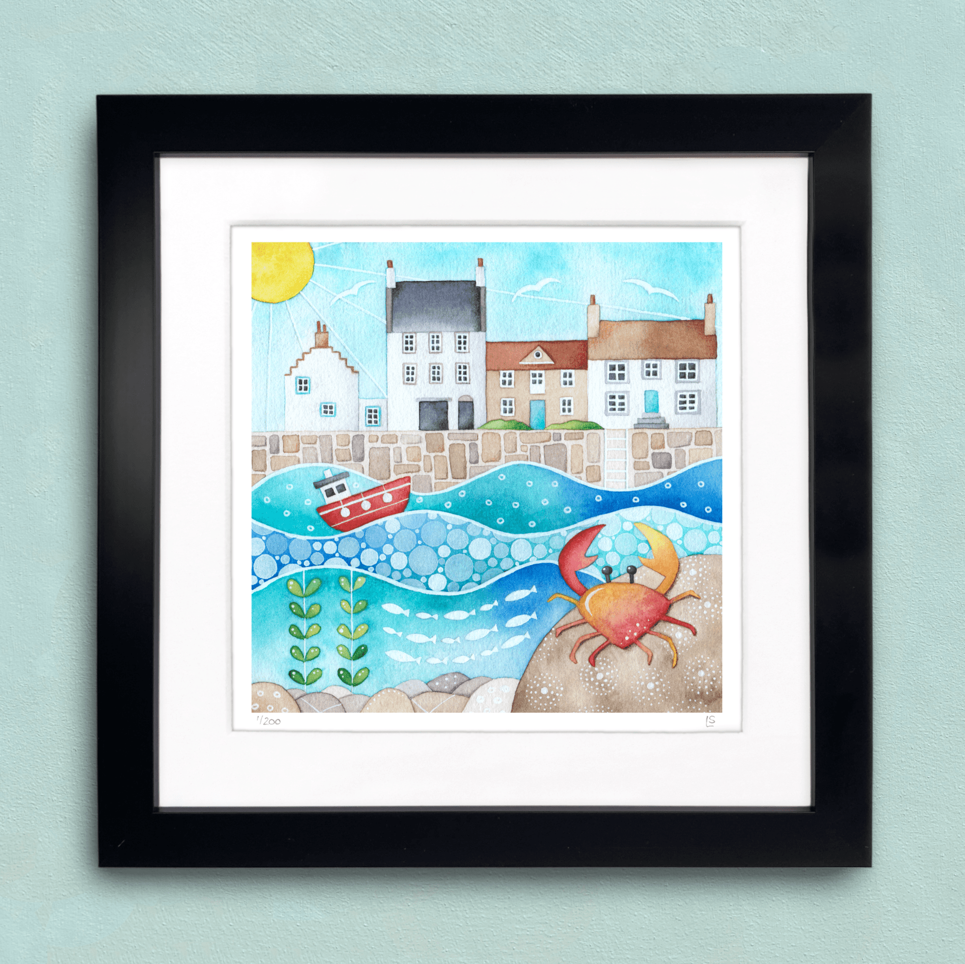 Crail Harbour Framed Print - Crab and Boat Seaside Watercolour - East Neuk Beach Crafts