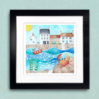 Crail Harbour Framed Print - Crab and Boat Seaside Watercolour - East Neuk Beach Crafts