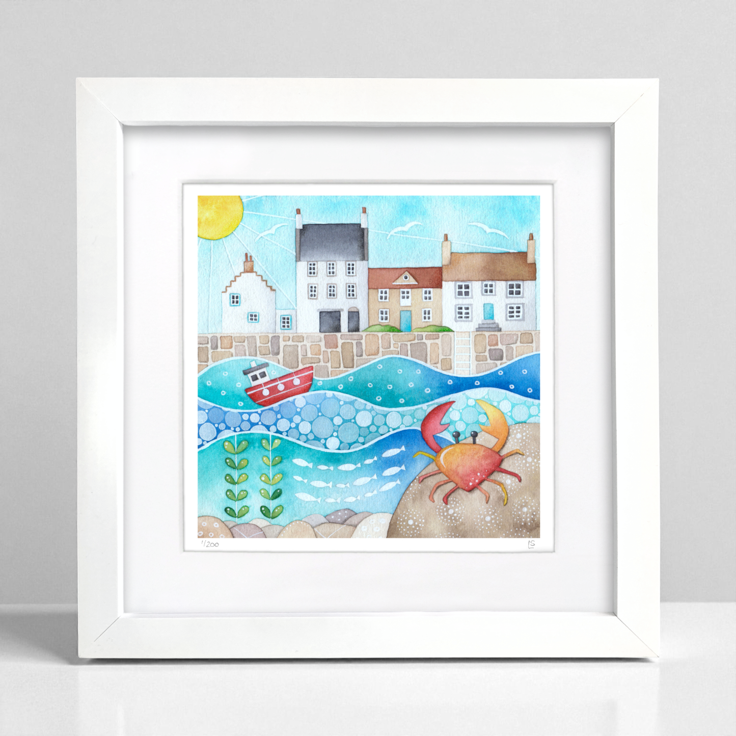 Crail Harbour Framed Print - Crab and Boat Seaside Watercolour