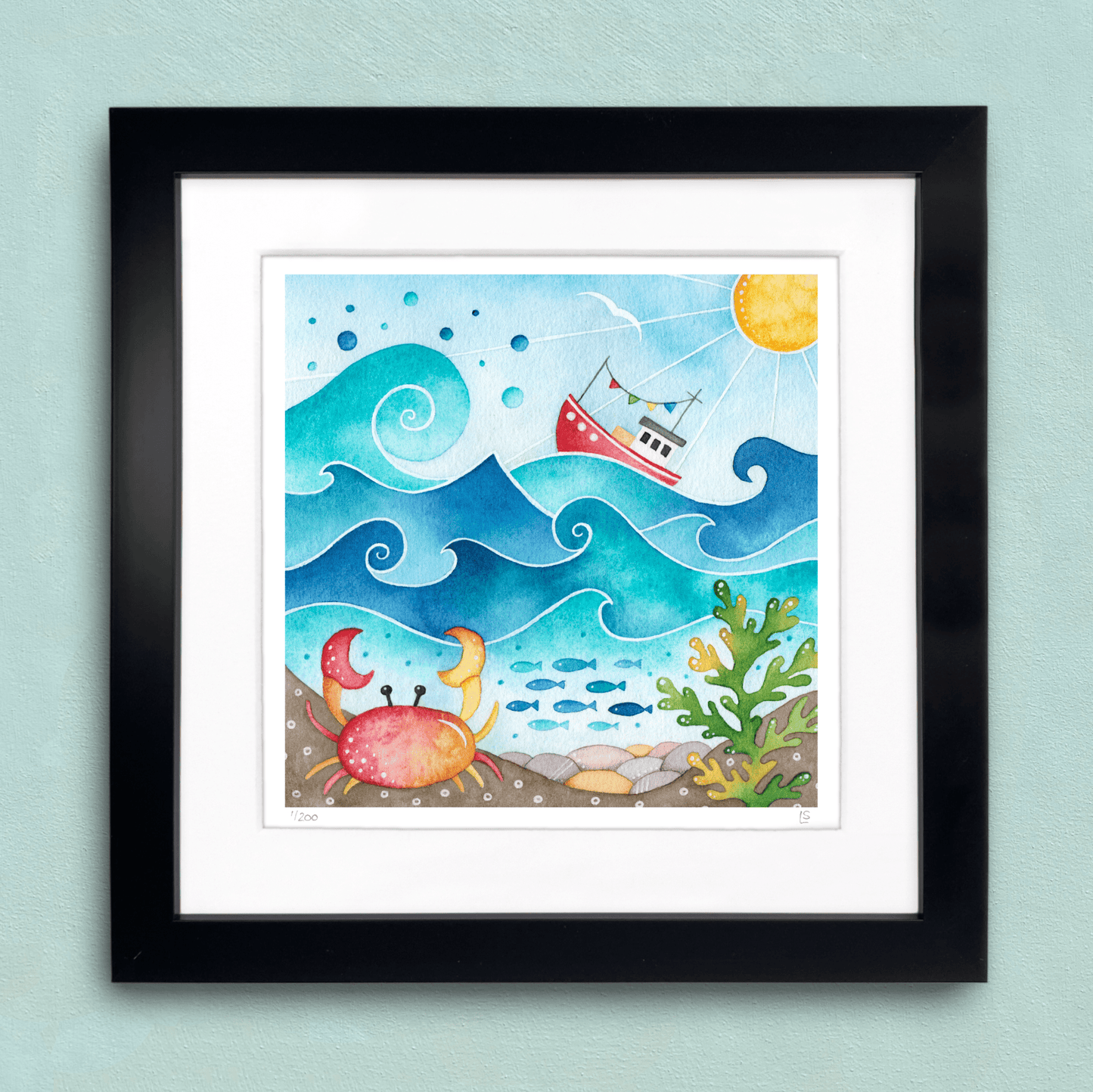 Fishing Boat and Crab Framed Print - Seaside Watercolour - East Neuk Beach Crafts