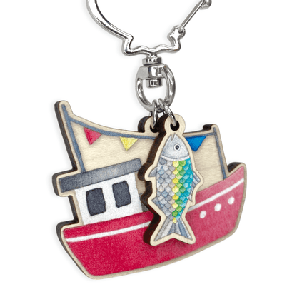 Fishing Boat Keyring - Wooden Seaside Key Chain