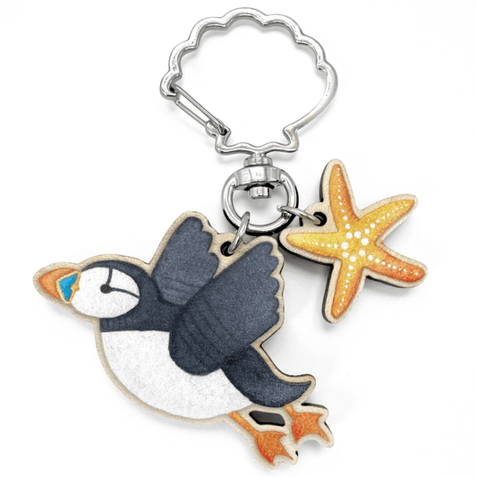 Flying Puffin Keyring - Wooden Seaside Key Chain - East Neuk Beach Crafts