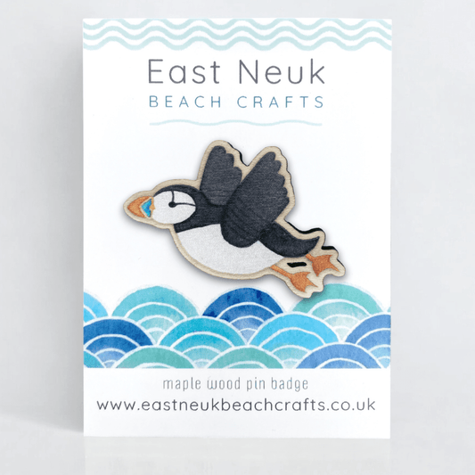 Flying Puffin Pin Badge - Seaside Wooden Brooch - East Neuk Beach Crafts