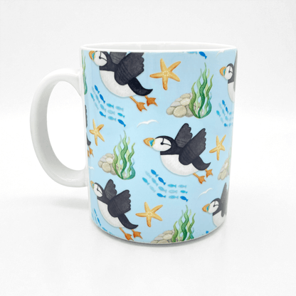 Puffin Pattern Mug - Flying Puffins - Seaside Ceramic Mug - East Neuk Beach Crafts