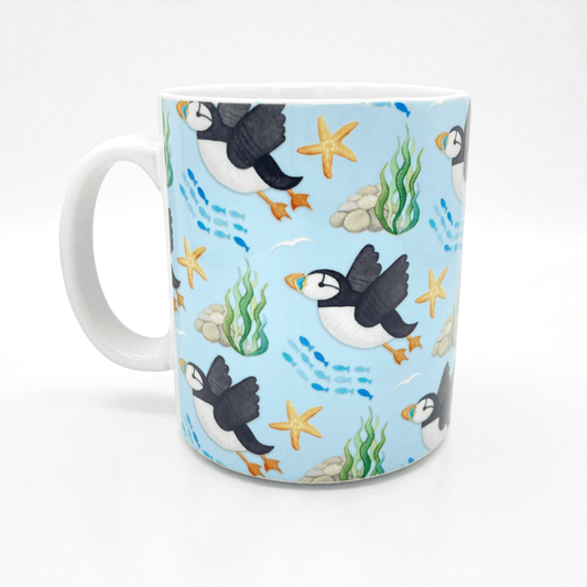 Puffin Pattern Mug - Flying Puffins - Seaside Ceramic Mug - East Neuk Beach Crafts