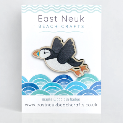 Wooden Pin Badge - Flying Puffin - Maple Wood Brooch