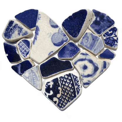 Framed Beach Pottery Heart - Dark Blue Original Antique China Coastal Wall Art - East Neuk Beach Crafts