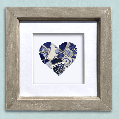 Framed Beach Pottery Heart - Dark Blue Original Antique China Coastal Wall Art - East Neuk Beach Crafts