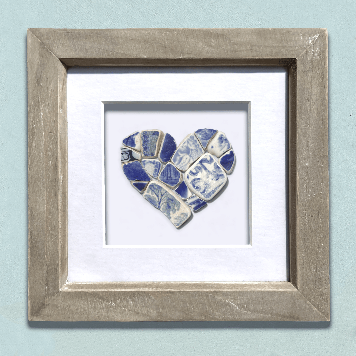 Framed Original Antique Beach Pottery Blue Heart - Coastal Wall Art - East Neuk Beach Crafts