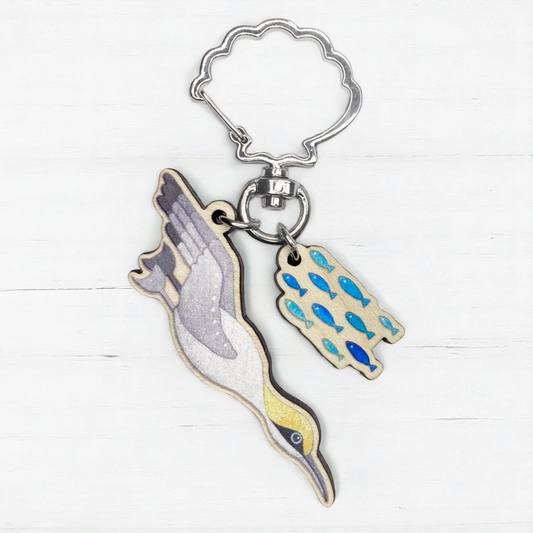 Wooden Keyring - Diving Gannet and Fish - Maple Wood Key Chain with Shell Clasp
