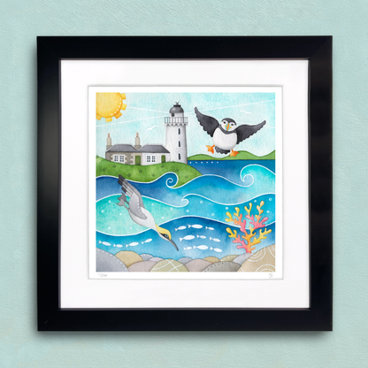 Framed Seaside Print - Puffin, Diving Gannet & Lighthouse, Isle of May - East Neuk of Fife Watercolour Painting