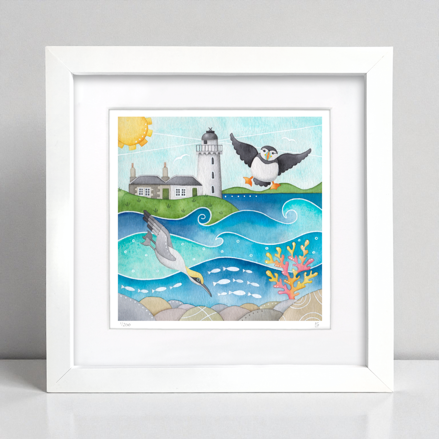 Puffin and Gannet Framed Print - Isle of May - Seaside Watercolour