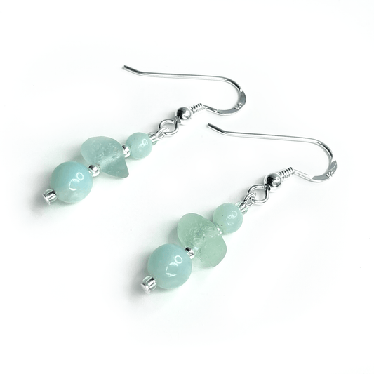 Green Sea Glass Earrings - Sterling Silver Beaded Earrings with Amazonite Crystal - East Neuk Beach Crafts