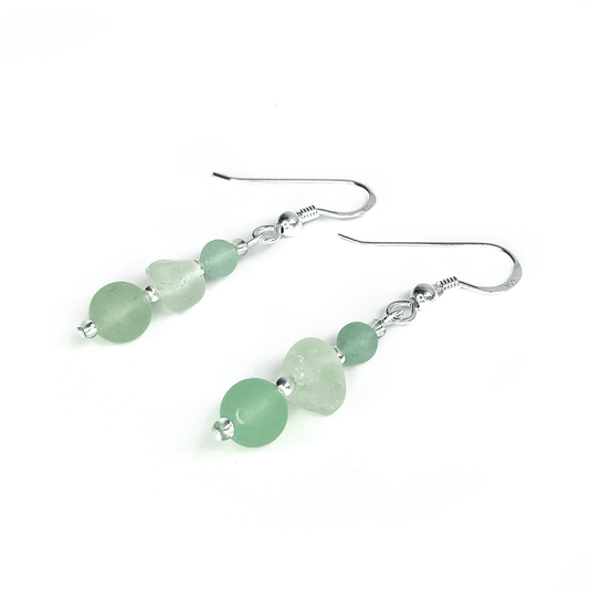 Green Sea Glass Earrings - Sterling Silver Beaded Earrings with Aventurine Crystal - East Neuk Beach Crafts