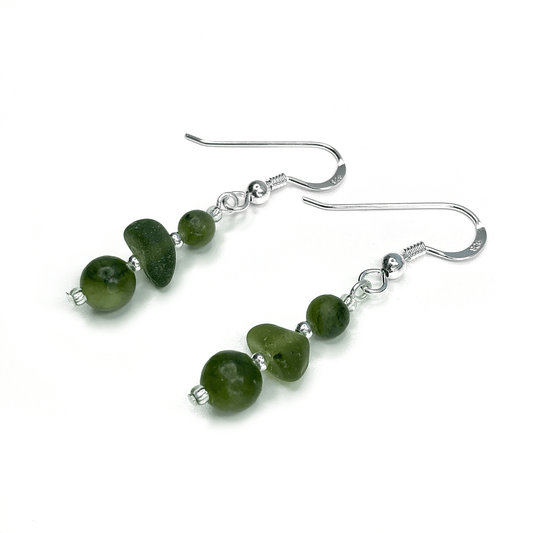 Green Sea Glass Earrings - Sterling Silver Beaded Earrings with Jade Crystal - East Neuk Beach Crafts