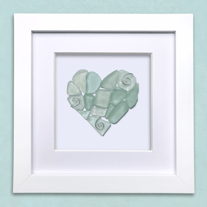 Green Sea Glass Heart - Framed Scottish Beach Art - East Neuk Beach Crafts