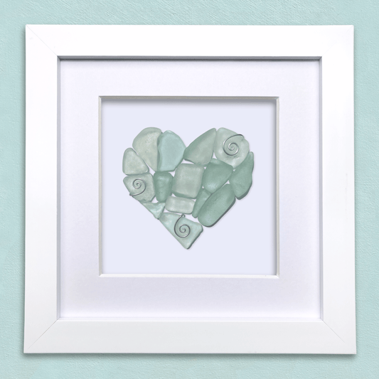 Green Sea Glass Heart - Framed Scottish Beach Art - East Neuk Beach Crafts