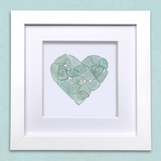 Green Sea Glass Heart - Framed Scottish Beach Art